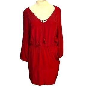 Madewell Red Mid Length Dress Loose Womens Size 8 Boho Long Sleeve